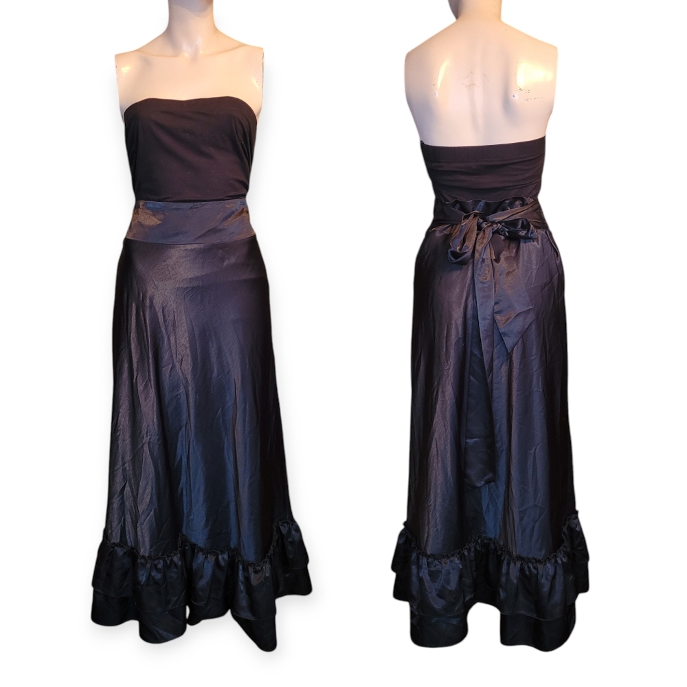 Vintage Satin Tiered Ruffle Hem Maxi Skirt Black Whimsigoth Goth 90s - Picture 3 of 15